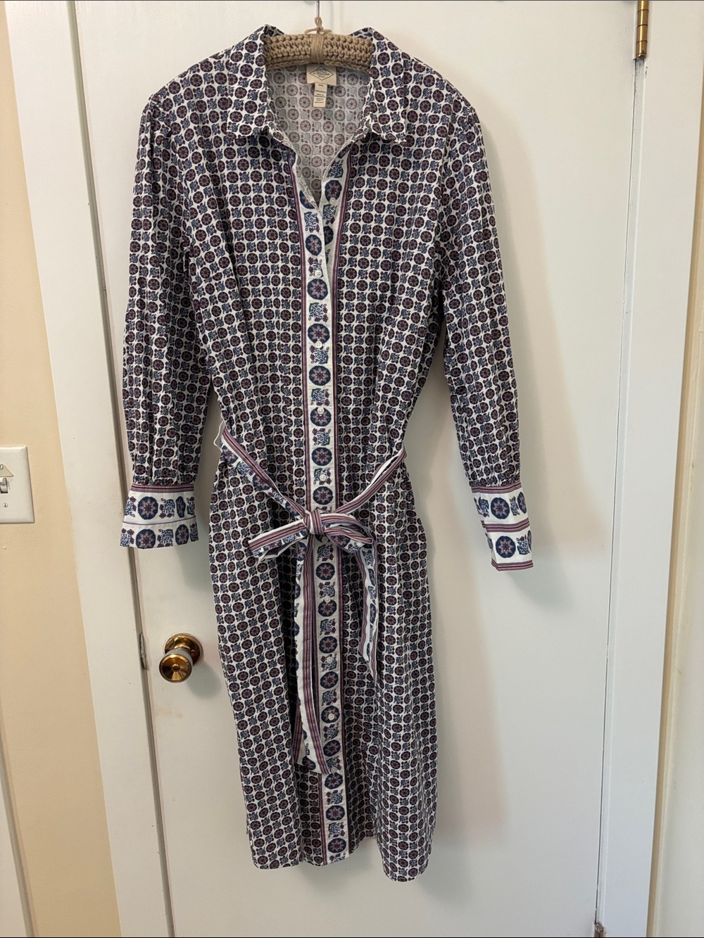 St. John's Bay Navy and White Printed Midi Shirt Dress with Waist Tie